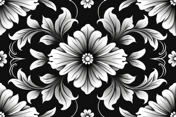Mirrored Art Nouveau Floral SVG, Black and white, geometric forms ,seamless repeating pattern.