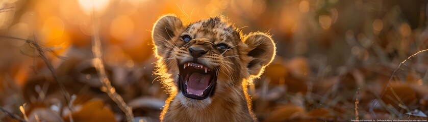 A baby lion is standing in the grass with its mouth open, looking at the camera