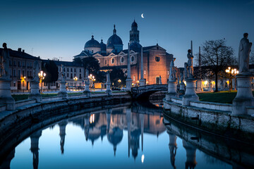 Morning in the most famous square in Padua. Square Prato della Valle and Basilica Santa Giustina in Padova, Italy.  - obrazy, fototapety, plakaty