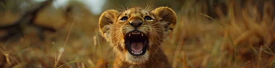 A baby lion is standing in the grass with its mouth open, looking at the camera