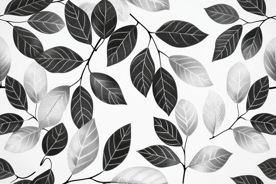 Dotted Vining Leaves Pattern, Minimalist, black and white ,seamless repeating pattern.