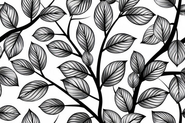Geometric Leaves Seamless Tile, Vector, black lines on white ,seamless repeating pattern.