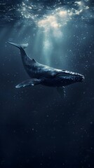 A whale is swimming in the ocean. The water is dark blue and the sky is clear. The whale is the main focus of the image