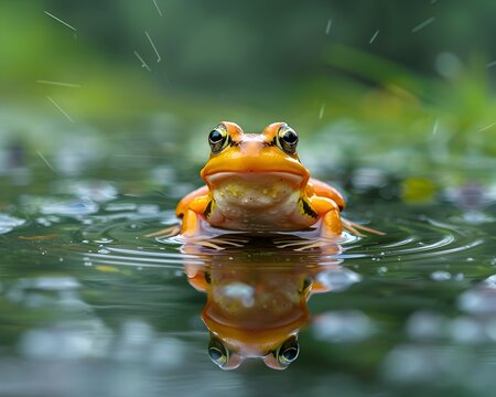 A frog is in the water and it is looking at the camera. The water is reflecting the frog and the surrounding area
