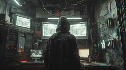 Shot from the Back to Hooded Hacker Breaking into Corporation. Generative ai