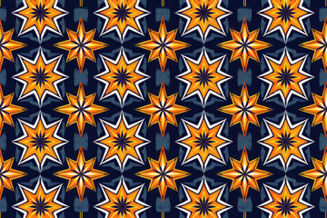 Minimalist Textile Star Pattern, Blue, yellow, and orange, neo-classicist ,seamless repeating pattern.