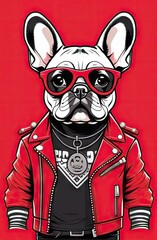 Illustration french bulldog in red leather jacket at red background,rock style.Concept for t- shirt and clothe design, backpacks and bags print, notebook covers design,mugs print,stickers.
