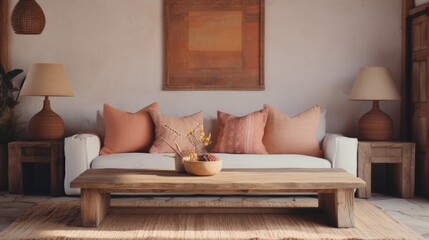 Boho ethnic living room with rustic coffee table, white sofa, brown pillows, and two poster frames