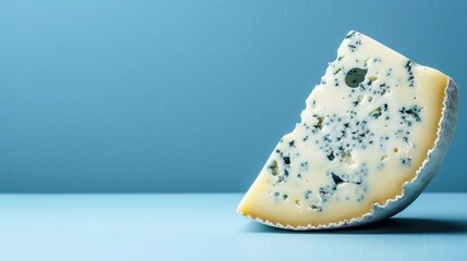 A wedge of Roquefort cheese on a bold blue background with a stark contrast