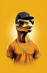 T-rex dinosaur with sunglasses in hip hop style at in yellow tones.Concept for t- shirt and clothe design, backpacks and bags print, notebook covers design,mugs print,stickers.