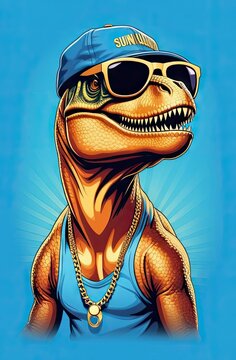 T-rex dinosaur with sunglasses and cap hip-hop style at blue backdrop, flat illustration..Concept for t- shirt and clothe design, backpacks and bags print, notebook covers design,summer vibes concept.
