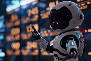 A robot situated in front of a complex dashboard - obrazy, fototapety, plakaty