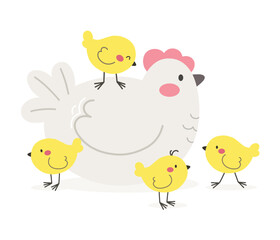 Mother hen with chicks, cartoon character in flat style. Vector.