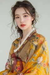 Elegant Young Woman in Traditional Yellow Kimono with Floral Pattern on Neutral Background