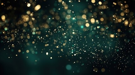Abstract golden shinny particles bokeh on dark green background.