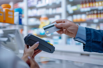 Contactless Payment at Pharmacy. A customer's hand extends a credit card for a contactless payment to a pharmacist, symbolizing efficiency in healthcare transactions.