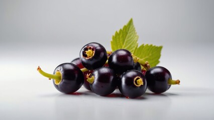 A still life with black currants, whole black olives, and a single black olive isolated on white