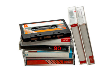 Close-up of many audio tapes. Analog storage medium. Cassettes for audio recordings and music.