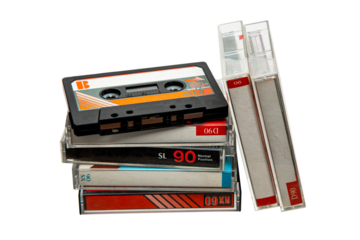 Close-up of many audio tapes. Analog storage medium. Cassettes for audio recordings and music.