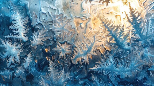 Frosty ice patterns on window. Close-up of natural winter texture. Winter and cold concept for wallpaper and background design