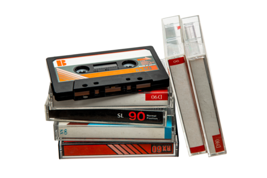Close-up of many audio tapes. Analog storage medium. Cassettes for audio recordings and music.