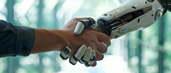 Futuristic Human-Robot Handshake in Corporate Setting Symbolizing Partnership and Technology Advancement