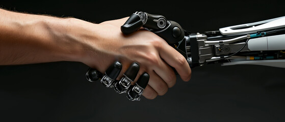 Human and Robot Handshake Representing AI Collaboration and Technology Advancements on a Black Background