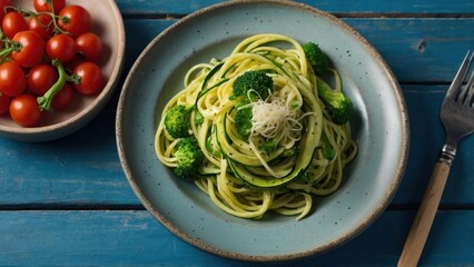 A delicious Italian dish of pesto-coated pasta, vibrant green spinach, and diced tomatoes, perfect for a light lunch or gourmet dinner