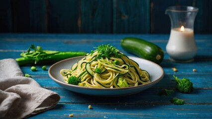 A delicious plate of green pesto sauce pasta, a classic Italian dish often served for lunch or dinner