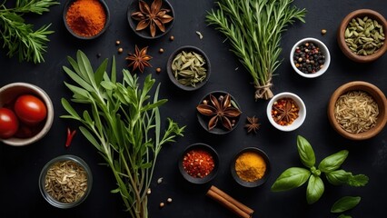 Fresh herbs and colorful spices like cinnamon and orange on a wooden board ready for cooking healthy meals