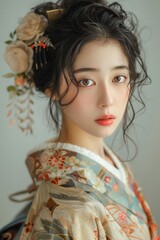 Elegant Woman in Traditional Japanese Kimono with Floral Hairstyle Looking Serenely at the Camera