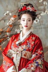 Elegant Asian Woman Dressed in Traditional Red Hanbok with Floral Patterns Posing in a Classic Interior