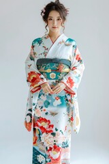 Elegant Young Woman in Traditional Japanese Kimono with Floral Patterns Standing Against Neutral Background
