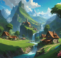 Fototapeta na wymiar vector illustration of a beautiful village landscape in spring season