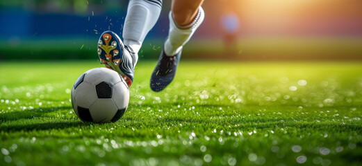 Close up Soccer player's feet kicking the ball on the green stadium of the football field