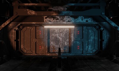 Door between floors interior lighting in dark scene 3d render science fiction wallpaper background