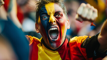 a soccer fan, their face painted in the colors of the portugal flag, erupting into jubilant...