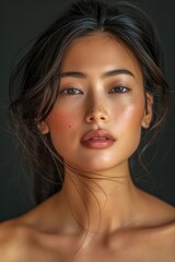 Obraz premium Elegant Young Woman with Flawless Skin and Natural Makeup Looking Thoughtfully at the Camera on a Dark Background