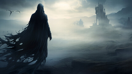 A shadowy Dementor looming over an ancient, fog-covered graveyard, its cloak billowing in the wind