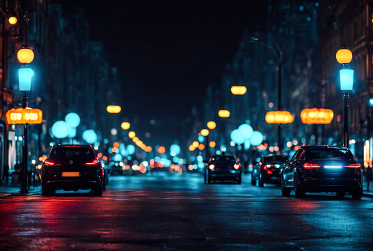 Colorful background of night street with bokeh blurred light cars and street lamps. Abstract backdrop of defocused lights at city life. Concept of cityscape backgrounds for design. Copy text space