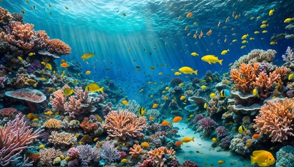 A coral reef teems with life, hosting a school of bright yellow fish and a sun beam filtering through the water.