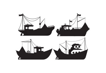 PrintFishing boats side view isolated set. Commercial fishing trawlers for industrial seafood production vector illustration in flat style. Vintage marine ships, sea or ocean transportation collection