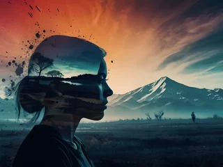 Foto op Canvas Masterpiece double exposure of a girl silhouette with monochrome apocalypse aftermath and a colorful natural landscape in the underlying backdrop, sharp contrast, detailed crisp lines, in focus, doubl © FAVOUR
