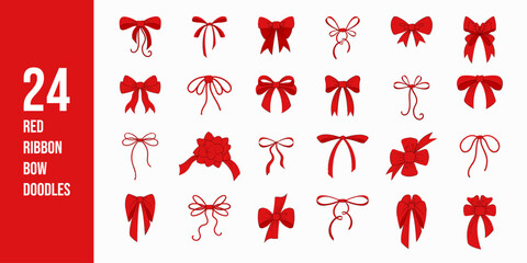 Large set of hand drawn red ribbon bow knots. Decoration elements. Various doodle bows for presents, gift boxes, traditional holidays. Flat cartoon vector illustration.