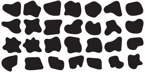 Black organic blob shape irregular form abstract vector illustration. Simple amoeba shape, asymmetric spot, irregular form. Eco color amorphous element set. Clipart of bubble blotch, deform drip. Blod