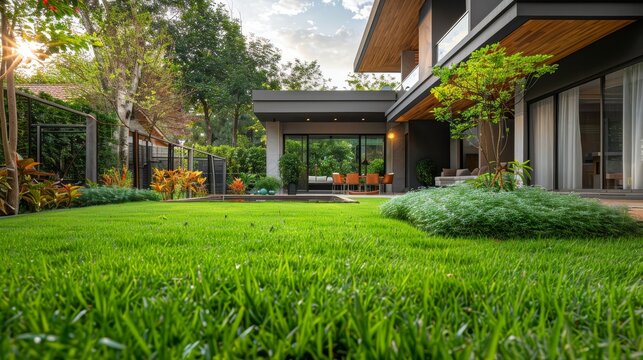 Beautiful house backyard with fresh green grass smooth lawn as a carpet