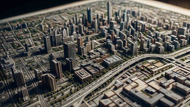 A model of a city with tall buildings, streets, and highways is displayed.