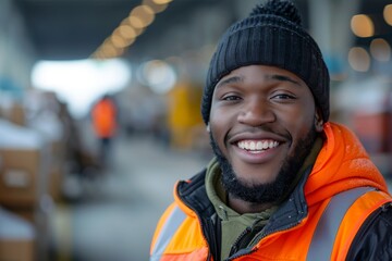 Cheerful cargo handler with a welcoming smile in a busy airport setting