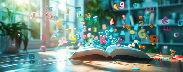 Abstract background of open book lying on the table with colourful letters flying around. - obrazy, fototapety, plakaty