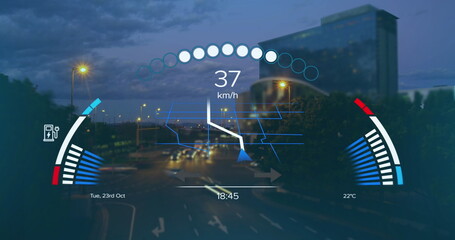 Image of car interface over cityscape